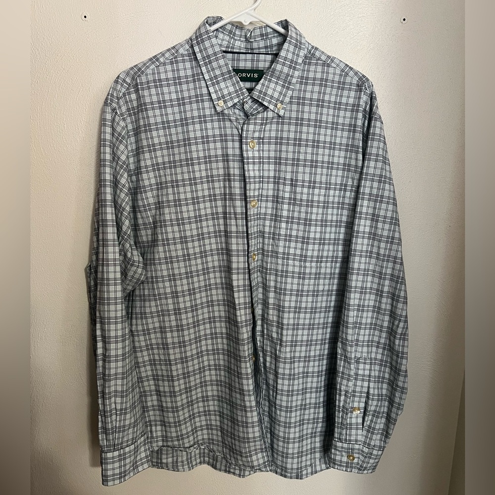 ORVIS Classic Cotton Blend Plaid Button Down Dress Shirt Blue White Men's Sz XL